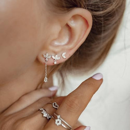 Sterling Silver Earrings Stacks for Women, Hypoallergenic Cartilage Earring | Dainty Stud Huggie Hoop Dangle Chain Earrings, 14K Gold/White Gold Plated - color: 3Pairs-Dangle CZ Set-Silver