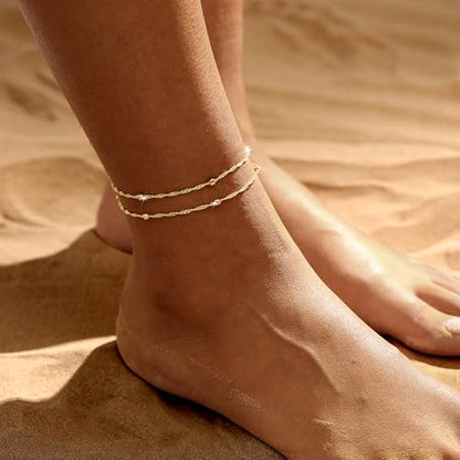 Warshion Ankle Bracelets for Women - 14K Gold Plated Waterproof Gold Anklet Delicate Chain Women's Anklets Summer Beach Pearl Jewelry Layering Gift Non Tarnish - style: ANKLETS-G