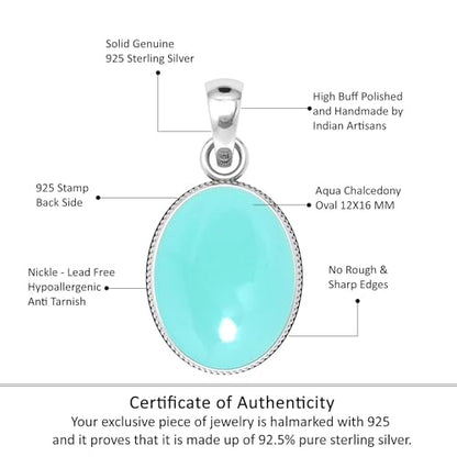 Chunky Natural Gemstone Pendant Necklace For Women Onyx, Turquoise, Amber, Garnet Oval Boho Genuine 925 Sterling Silver Handmade Jewelry - color: Aqua Chalcedony