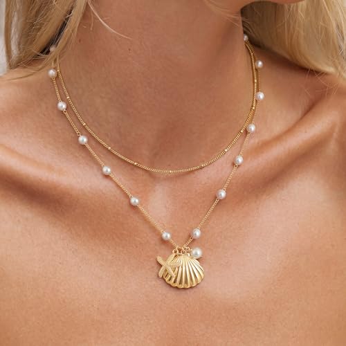 Shell Starfish Charm for Women, Dainty Layered 14K Gold Plated Seashell Conch Starfish Pearl Pendant Necklace for Women Stack Trendy Beach Cuban Link CZ Chain Necklace Summer Vacation Jewelry - color: 2PSC Layered/ Starfish & Shell Pearl