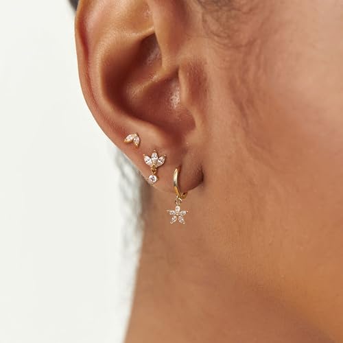 Sterling Silver Earrings Stacks for Women, Hypoallergenic Cartilage Earring | Dainty Stud Huggie Hoop Dangle Chain Earrings, 14K Gold/White Gold Plated - color: 3Pairs-Flower CZ Set-Gold