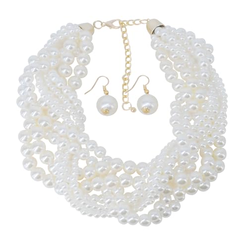 utop JNF Hand made Pearl Statement Necklace for Women Rhinestone Multilayer Crystal Necklaces Chunky Pearl Necklace Large Pearl Necklace and Earrings Set for Mother Mom's gift - color: white pearl choker necklaces