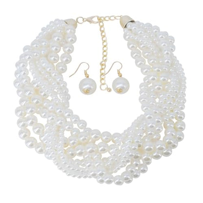 utop JNF Hand made Pearl Statement Necklace for Women Rhinestone Multilayer Crystal Necklaces Chunky Pearl Necklace Large Pearl Necklace and Earrings Set for Mother Mom's gift - color: white pearl choker necklaces