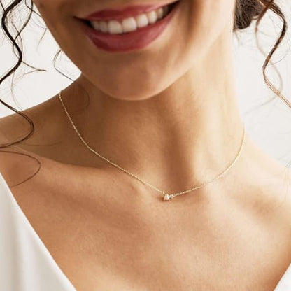 Gold Necklace for Women, Dainty 14K Gold Plated Pendant Necklaces for Women Trendy Simple Choker Chain Cubic Zirconia Circle/Interlocking/Sun/Pearl Necklace Fashion Jewelry Charm Gifts - color: Pearl CZ-1