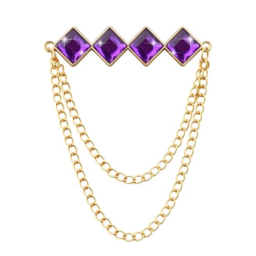 Gem Brooch Pins Hanging Chain Lapel Pin for Men Suits Metal Tassel Chain Collar Pins Suit Brooch Vintage Crystal Rhinestone Brooches for Men Wedding Business Prom Party - color: Purple