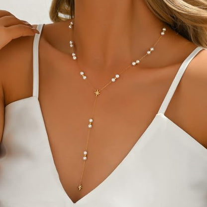 Dainty 18K Gold Plated Lariat Necklace for Women Delicate Y Chain Rose Pearl Diamond Long Drop Necklace Layering Bridal Jewelry Gift - color: Pearl Star-Gold