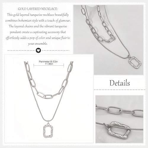 HUASAI Boho Necklaces for Women Dainty Layered Choker Necklace Bohemian Turquoise Necklace Statement Jewelry Western Cowgirl Country Concert Outfits Accessories - color: G Silver Layered Squar Necklace