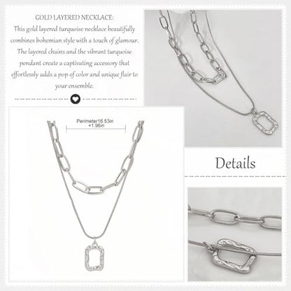 HUASAI Boho Necklaces for Women Dainty Layered Choker Necklace Bohemian Turquoise Necklace Statement Jewelry Western Cowgirl Country Concert Outfits Accessories - color: G Silver Layered Squar Necklace