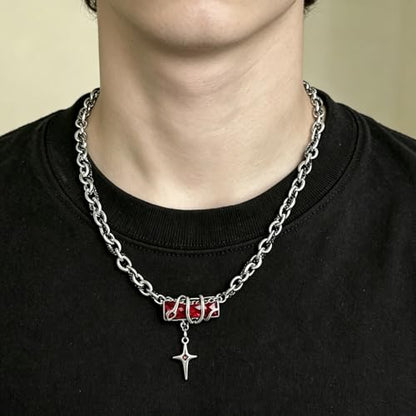 Gothic Cross Star Necklace For Men Women Silver Stainless Steel Cuban Link Paperclip Figaro Bead Chain Punk Kpop Y2k Goth Irregular Layered Cross Pendant Necklace Non Tarnish Jewelry Gift - color: Silver P