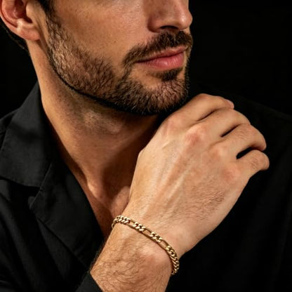 LUCA SMITH Gold Bracelets for Men & Women, 14K Gold Figaro Link Chain Bracelets 6mm Diamond-Cut Figaro Chain Bracelet for Men Hypoallergenic Trendy Dainty Jewelry Gifts Size 7.5in/8in/8.5in - size: 8in