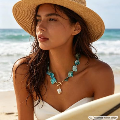 Boho Chunky Shell Necklace for Women Baroque Pearl Pendant Necklaces Irregular Shell Beaded Choker Necklace Trendy Vacation Jewelry Accessories - color: Blue