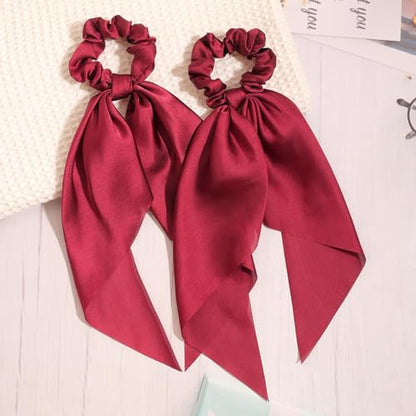 Pack of 2 Knotted Bow Hair Scrunchies Elastic Hair Scarf Hair Ties Bands Satin Hair Ribbon Scrunchy Red Ponytail Holder for Women and Girls, Hair Scarf Scrunchies, Hair Accessories (Burgundy) - color: Burgundy