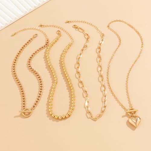 Otxas Layered Gold Necklaces for Women Non Tarnish Chunky Necklace | Stacked Necklaces for Women Heart Pendant Toggle Necklace Paperclip Chain Necklaces for Daily Wear, Party, Gift - style: Style 1