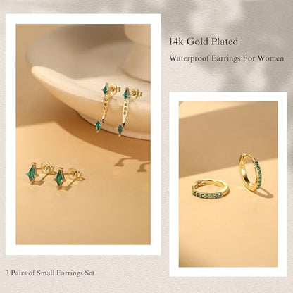 3 Pairs Stackable Kite Stud Earrings Set for Women Trendy | Dainty Birthstone Stud Gold & 925 Sterling Silver Huggie Hoop Jacket Stack Earrings for Women 2026 - color: Gold-Green Emeralde
