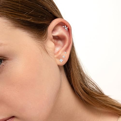 Stud Earring for Women, 14K Gold Silver Plated Hypoallergenic Studs Set | Trendy Cartilage Tragus Helix Clover Flower Earring Stack for Multiple Piercing, Dainty Cute Small Jewelry Gift, Non Tarnish - style: SL-Flower/Branch-4 Pairs