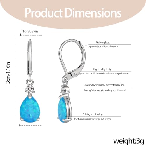 Dainty Opal Earrings for Women Sterling Silver Pear Oval Blue Opal Dangle Earrings Leverback Earrings Gold - color: leverback-blue