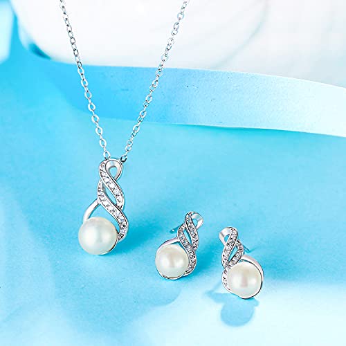 EleQueen 925 Sterling Silver CZ Freshwater Cultured Pearls Bridal Pendant Necklace Earrings Wedding Jewelry Sets, Valentine's Day/Mother's Day/Christmas Gift - style: Pearl Necklace Stud Earrings