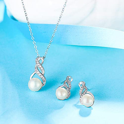 EleQueen 925 Sterling Silver CZ Freshwater Cultured Pearls Bridal Pendant Necklace Earrings Wedding Jewelry Sets, Valentine's Day/Mother's Day/Christmas Gift - style: Pearl Necklace Stud Earrings