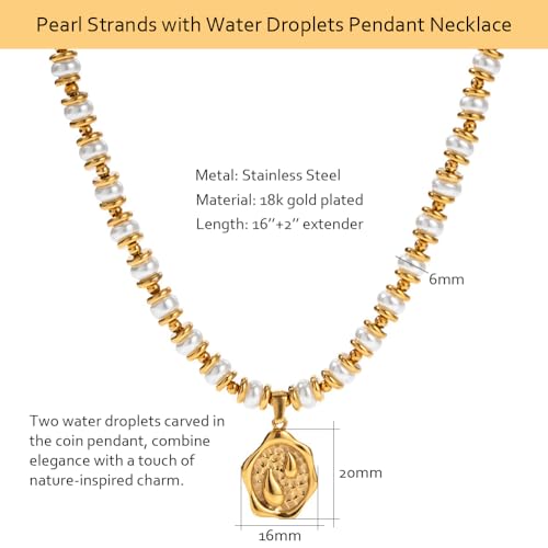 NUZON Sunburst Heart / 2-Tone Interlocking/CZ Evil Eye/Single Pearl/Love Heart Pendant Necklace for Women 14K Gold Chain Necklace Chunky Statement Jewelry - color: Pearl Beaded & Teardrop Pendant