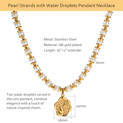 NUZON Sunburst Heart / 2-Tone Interlocking/CZ Evil Eye/Single Pearl/Love Heart Pendant Necklace for Women 14K Gold Chain Necklace Chunky Statement Jewelry - color: Pearl Beaded & Teardrop Pendant