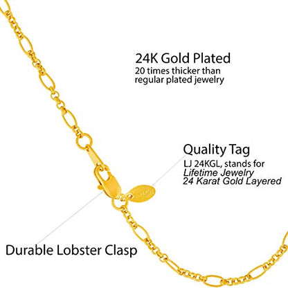 LIFETIME JEWELRY Womens Gold Anklet 2mm Figaro Link Chain Ankle Bracelet 24k Real Gold Plated