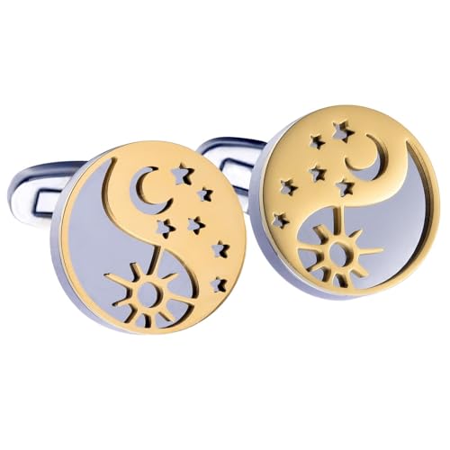 Gold Cufflinks Men, Cufflink Silver Stainless Steel Sun Moon Star Shirt Tuxedo Suit Cuff Links Women's Jewelry for Formal Event Wedding