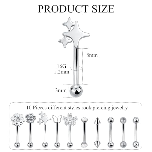 Xpircn Rook Daith Eyebrow Piercing Jewelry 16G Stainless Surgical Steel Curved Barbell Eyebrow Rings Vertical Labret Lip Piercing Jewelry Rook Daith Earrings for Women Men - color: Silver