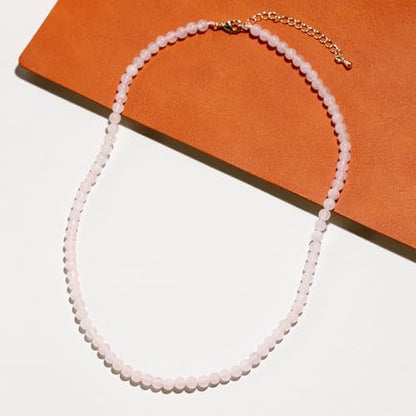 Simple 4mm Gemstones and Crystals Choker Necklace Unisex 16"-18" | Necklaces for Women Men, Adjustable, 40-45 cm Chain Length, Handmade, Spiritual Gemstones, Positive Energy, Daily Wear - style: Rose quartz