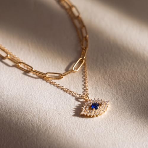 MEVECCO Dainty Pendant Layered Necklaces for Women | 18K Gold Plated Brass, 2-Piece Set With A Choker-Length Upper Layer, Wear Together Or Separately, Refined Everyday Style - style: Layer Blue Eyes