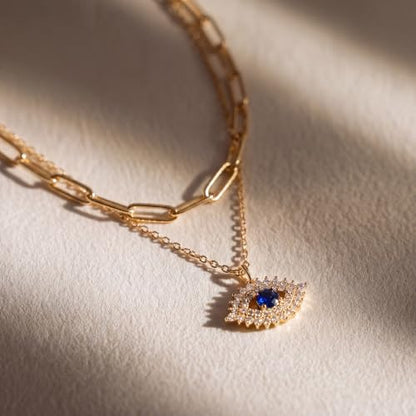 MEVECCO Dainty Pendant Layered Necklaces for Women | 18K Gold Plated Brass, 2-Piece Set With A Choker-Length Upper Layer, Wear Together Or Separately, Refined Everyday Style - style: Layer Blue Eyes