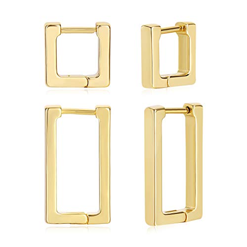 2 Pairs 14K Gold Plated Minimalist Hoop Earrings Small Dainty Geometric Square and Rectangle Huggies Hoops for Girls Women Gift, gold, silver and black - color: Gold