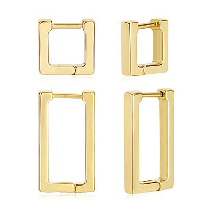 2 Pairs 14K Gold Plated Minimalist Hoop Earrings Small Dainty Geometric Square and Rectangle Huggies Hoops for Girls Women Gift, gold, silver and black - color: Gold