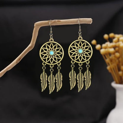 Blue Turquoise Dream Catcher Feather Earrings for Women Vintage Bohemian Western Jewelry - style: Gold Sunflower