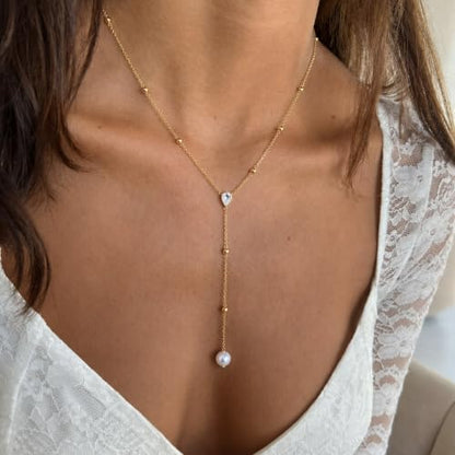 Mchic Gold Necklace for Women Dainty Long Lariat Necklace 18K Gold/Silver Plated Y-Shaped Pendant Necklaces Minimalist Layered Drop Necklaces Trendy Jewelry Gift - color: Gold4