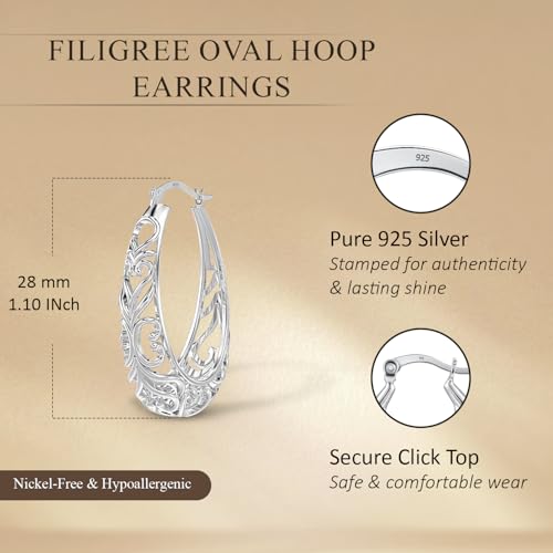 LeCalla 925 Sterling Silver Chunky Hoop Earrings | Filigree Heart Hoop Earrings for Women | Oval & Round Mesh Filigree Click-Top Hoops Earring | Hypoallergenic Earrings for Women - color: Silver Oval Heart Filigree 28MM