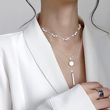 925 Sterling Silver Multilayer Layered Triple Long Chain Necklace for Women - style: Multilayer Layered
