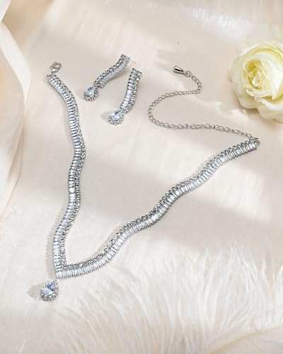Cubic Zirconia Jewelry Set for Women Silver V Shaped Necklace and Teardrop Earrings Sparkling Rhinestone Jewelry Set Gift for Girlfriend