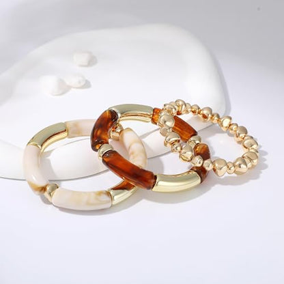 GOOJIDS Simple Beaded Gold Plated Bangles Bracelet Chunky Bamboo Tube Curved Stacking Clear Acrylic Colorful Beads Stretchable Gold Plated Bracelets Set For Women - color: T-Gold&Brown Set