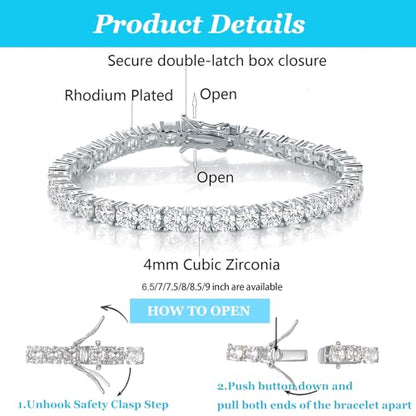 Gemsme 4.0MM Tennis Bracelets for Women - 18K White Gold Plated 4mm Round Cut Cubic Zirconia Classic Tennis Bracelet for Women/Men,Size 6/6.5/7/7.5/8/8.5 inch