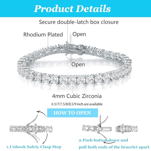 Gemsme 4.0MM Tennis Bracelets for Women - 18K White Gold Plated 4mm Round Cut Cubic Zirconia Classic Tennis Bracelet for Women/Men,Size 6/6.5/7/7.5/8/8.5 inch