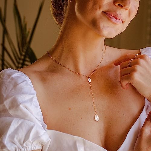 DIBOLA Dainty Pearl Necklaces for Women 14K Gold/Silver Plated Cute Single Pearl Necklace Elegant Small Tiny Pearl Choker Thin Chain Necklace Simple White Pearl Drop Y Long Necklace Freshwater Pearled Pendant Necklace Pearls Jewelry Gift - color: Y Drop P