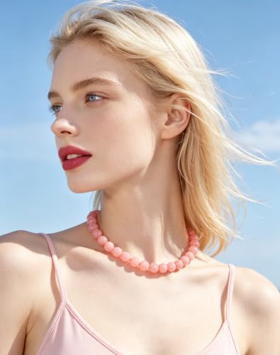 Chunky Beaded Necklace for Women 16mm Round Bead Resin Modern Statement Necklace Jewelry Accessories - color: light pink