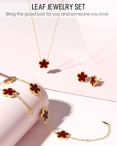 AICase Clover Jewelry Set,18K Gold Plated Lucky Clover Bracelet,Four Leaf Clover Necklace and Clover Earrings Fashion Jewelry Sets Gifts for Women/Mon - color: Red