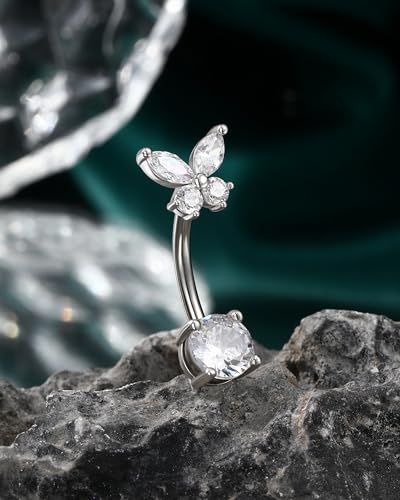 COCHARM 14G Butterfly Belly Button Rings Stud Silver Belly Navel Rings for Women Clear Belly Piercing Jewelry Stainless Steel
