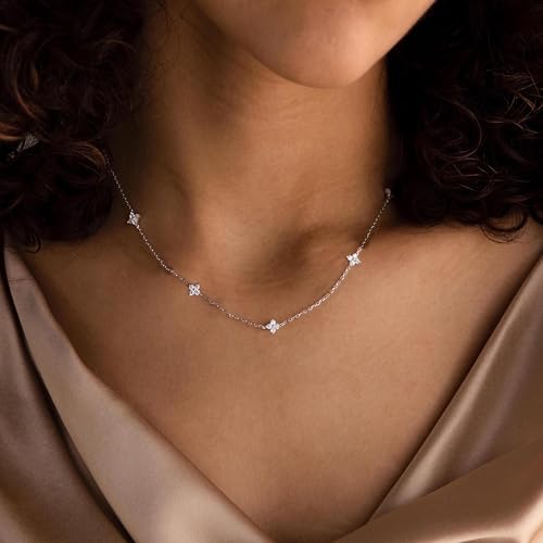 Dainty Silver Gold Necklaces for Women Cute Station Choker Simulated Diamond Necklace Simple Layering CZ Necklace Trendy Jewelry Gifts - color: Silver, style: Flower