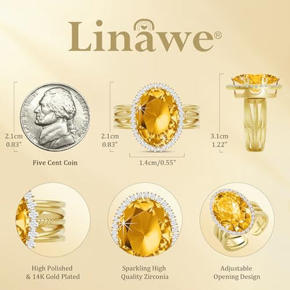 Linawe Costume Jewelry Adjustable Cocktail Ring for Women | Copper, Rhinestone, Cubic Zirconia, Oval, Fake Diamond, Crystal, Stone, Birthstone, Gemstone, Big, Chunky, Statement - color: Yellow Champagne