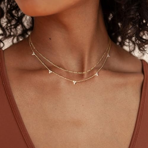 Dainty Layered Necklaces for Women,14k Gold Plated CZ Choker Necklace Stack | 14K Gold Plated Necklace set,Non Tarnish Hypoallergenic Beaded Paperclip Chain Necklace Stack Women's Minimalist Jewelry Gift - color: Gold-4