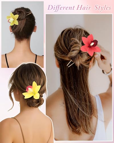 WELROG 3-Pcs Metal Hawaiian Orchid Hair Pins, Non-Slip Stick for Beach Updo | Tropical Flower Vibes,Weddings and Vacations - color: Red+Yellow+Green