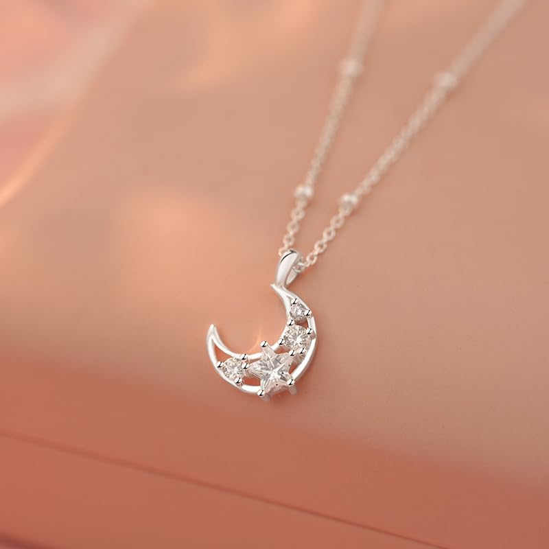925 Sterling Silver Dainty Crescent Moon Necklace for Women | 14K Gold Plated White Cubic Zirconia Moon and Star Pendant Choker Necklace to Daughter Mother Trendy Wedding Jewelry Gifts - color: Silver B