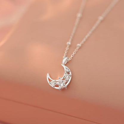 925 Sterling Silver Dainty Crescent Moon Necklace for Women | 14K Gold Plated White Cubic Zirconia Moon and Star Pendant Choker Necklace to Daughter Mother Trendy Wedding Jewelry Gifts - color: Silver B